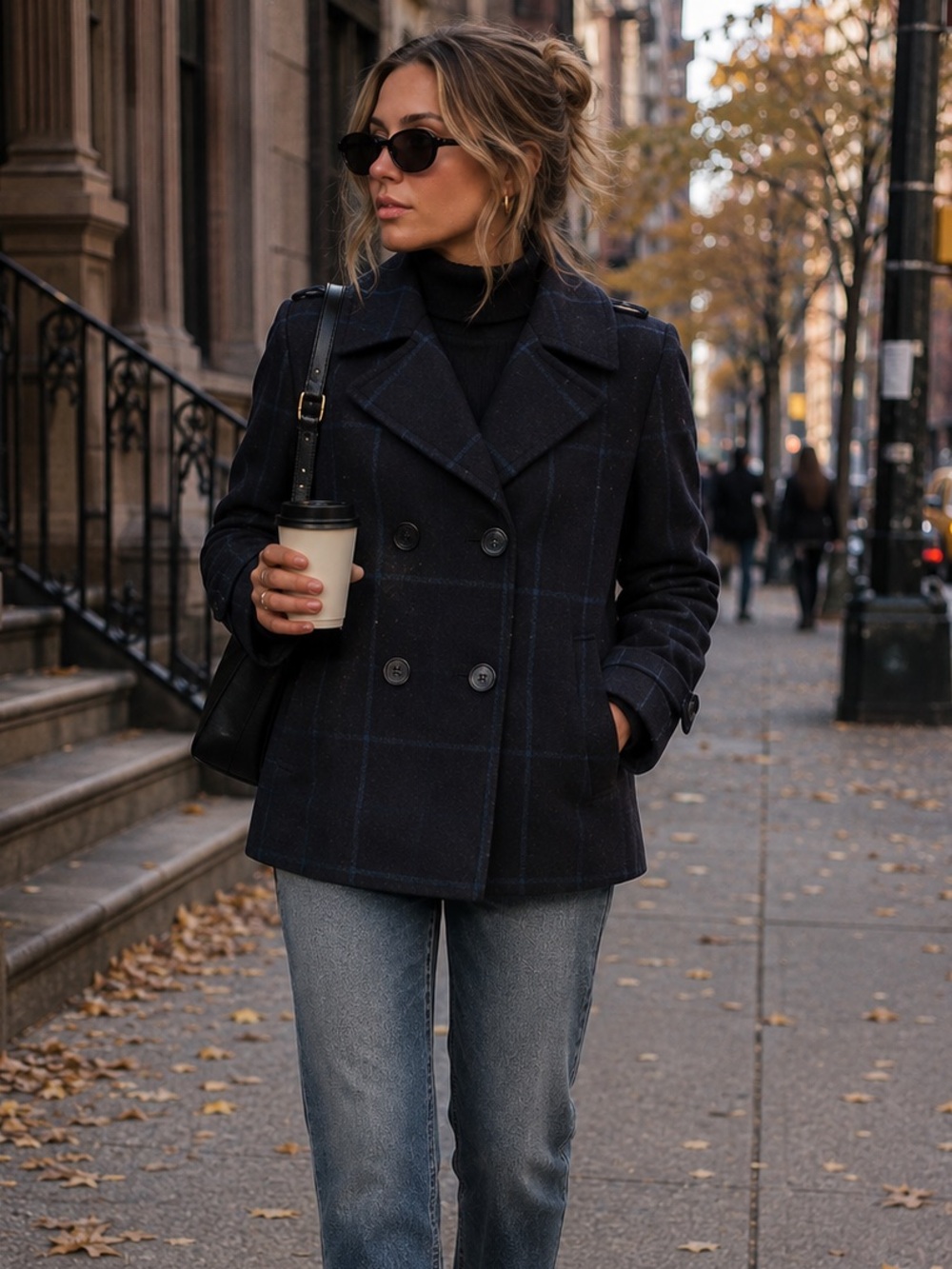 COMPTOIR DES COTONNIERS Wool Windowpane Plaid Hooded Peacoat Jacket